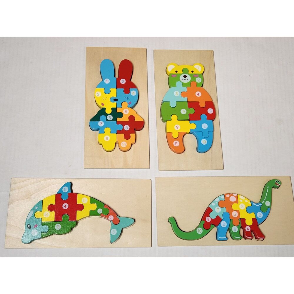 Lot of 4 Wooden Number Puzzles – Small Colorful Animal Learning Puzzles
